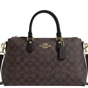 COACH Brown Signature Satchel with Black Handles and Gold Hardware